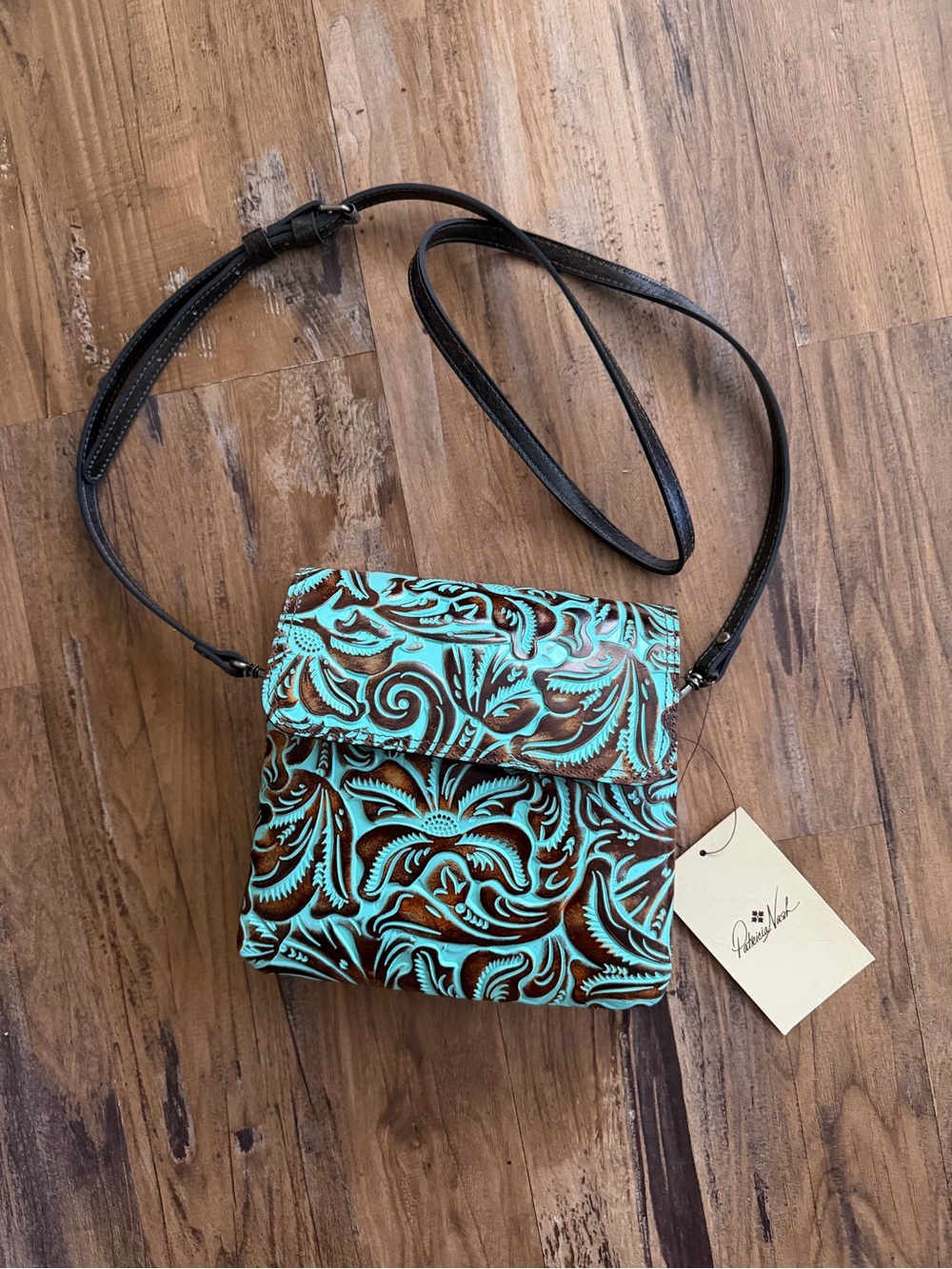 Patricia Nash Turquoise and Brown Tooled Leather Crossbody Bag purse